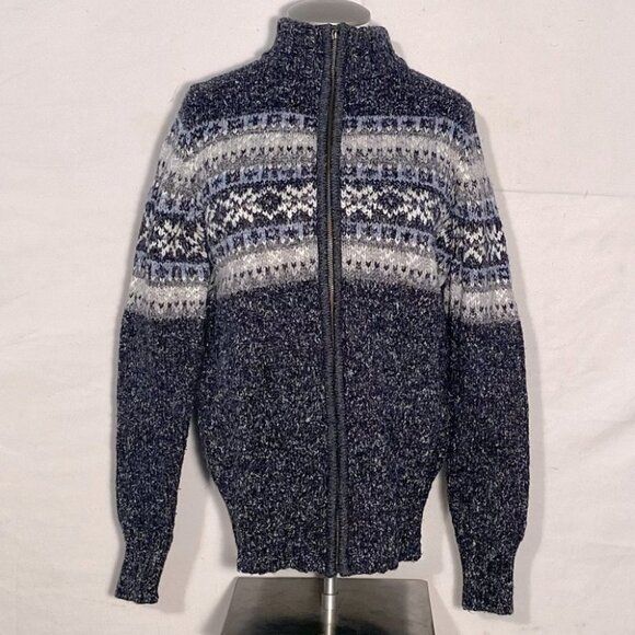 Vintage One On One Full Front Zip Grey Mock Neck Fair Isle Grandma Sweater M - Picture 1 of 11